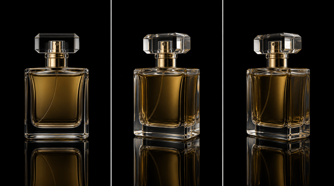 A triptych of ultra-sharp product photograph frames — a glass perfume bottle — arranged in a slight sequential perspecti