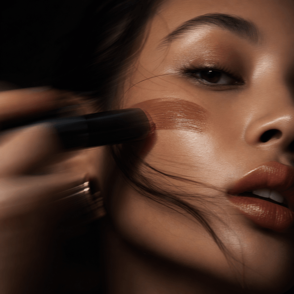 A close-up of a beauty product being applied, with motion blur effects to convey a sense of dynamism and energy, styled 