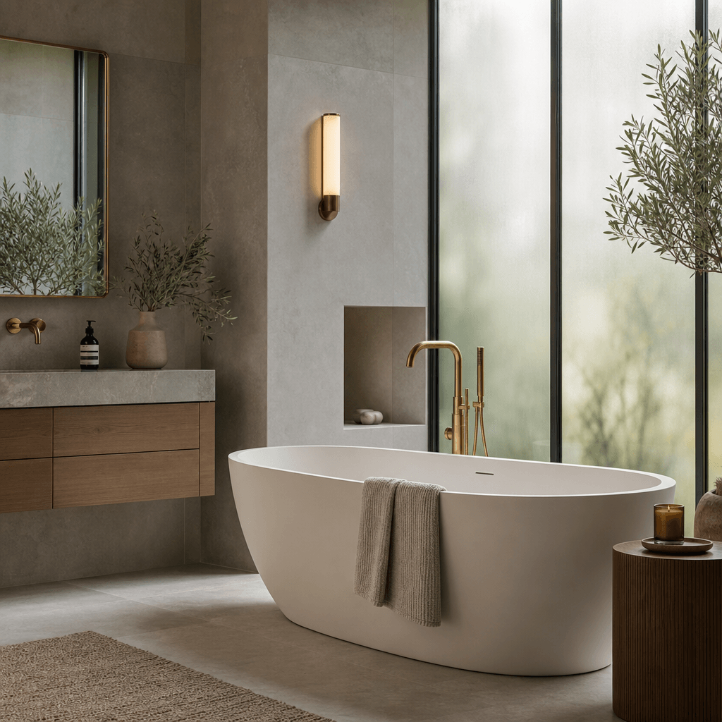 A high-end spa-like bathroom interior — large-format honed stone tile walls, a freestanding oval bathtub positioned near