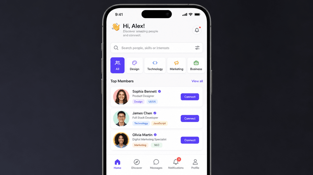 Mobile phone displaying app interface with happy user faces in profile rows, clean grid layout, app store aesthetic, pro