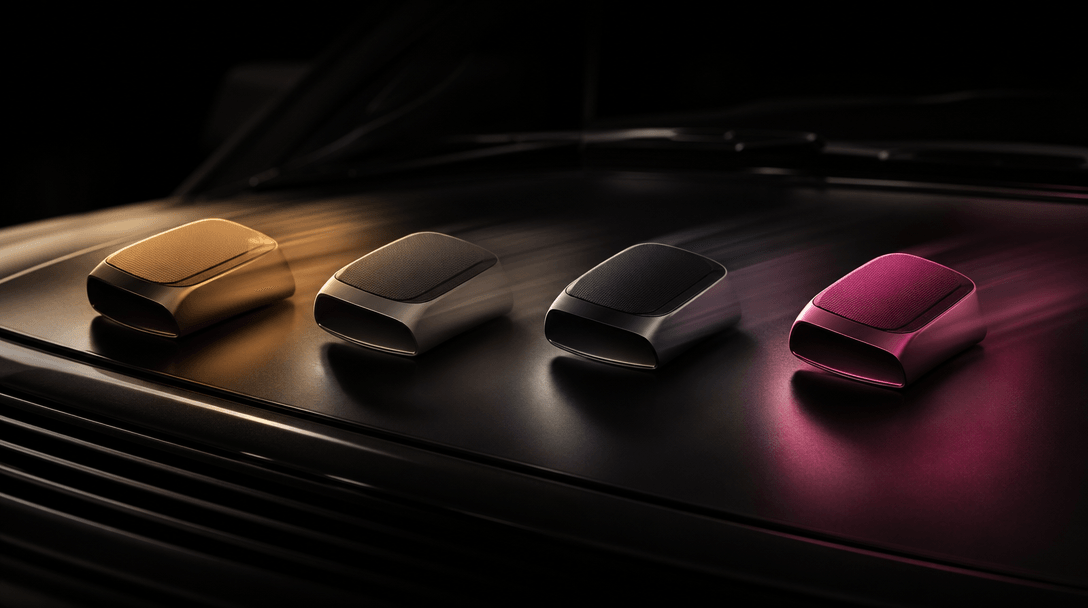 An abstract cinematic sequence represented in one wide frame: four variations of the same unbranded product arranged acr