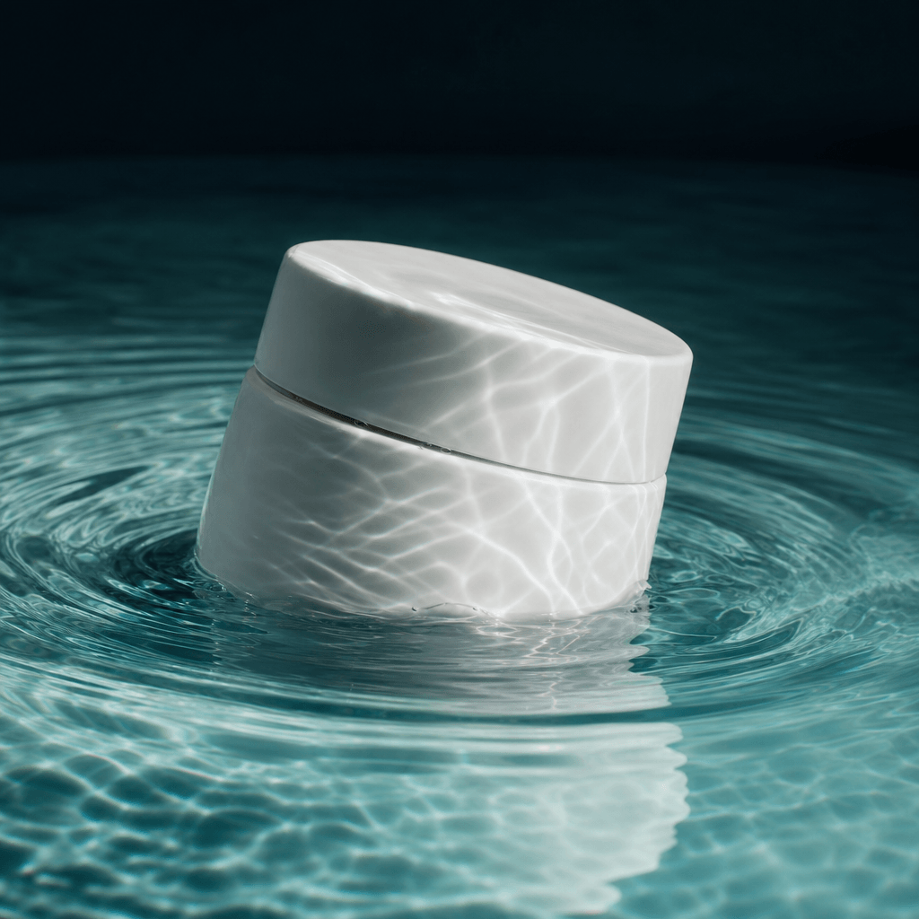 A sculptural white moisturizer jar half-submerged in clear turquoise seawater, concentric ripples and bright caustic lig