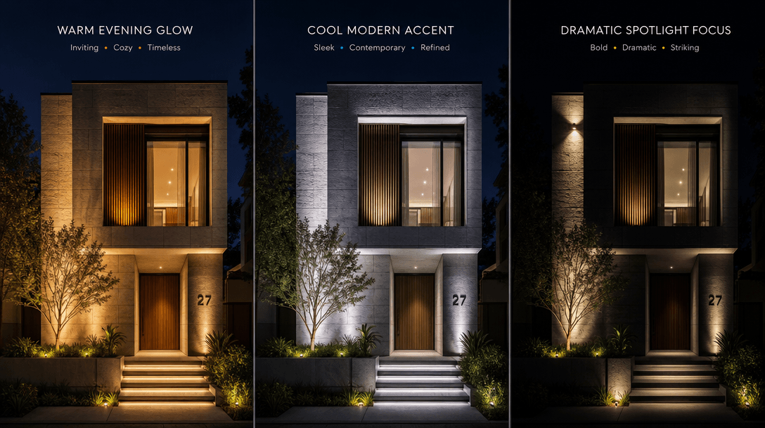 Architectural facade with three distinct lighting variations displayed: warm evening glow, cool modern accent light, dra