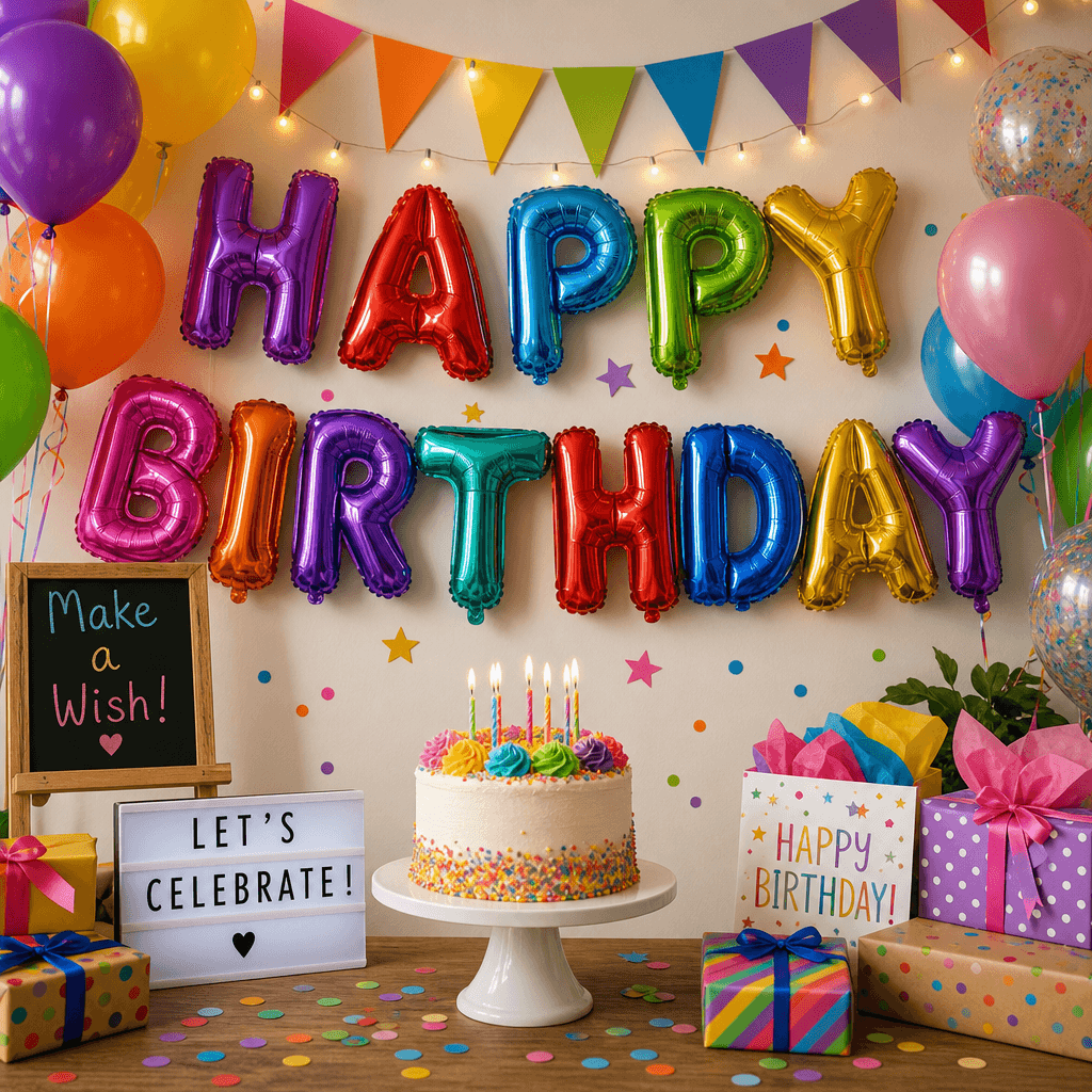 An image of a birthday celebration with colorful balloon letters spelling 'Happy Birthday' in a joyful setting, surround