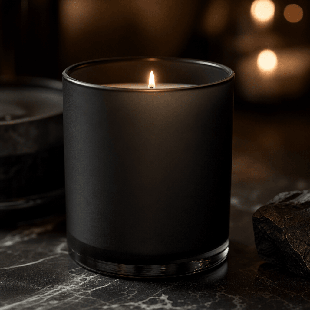 Close-up product still: a matte black scented candle in a minimal cylindrical glass vessel sitting on a dark honed marbl