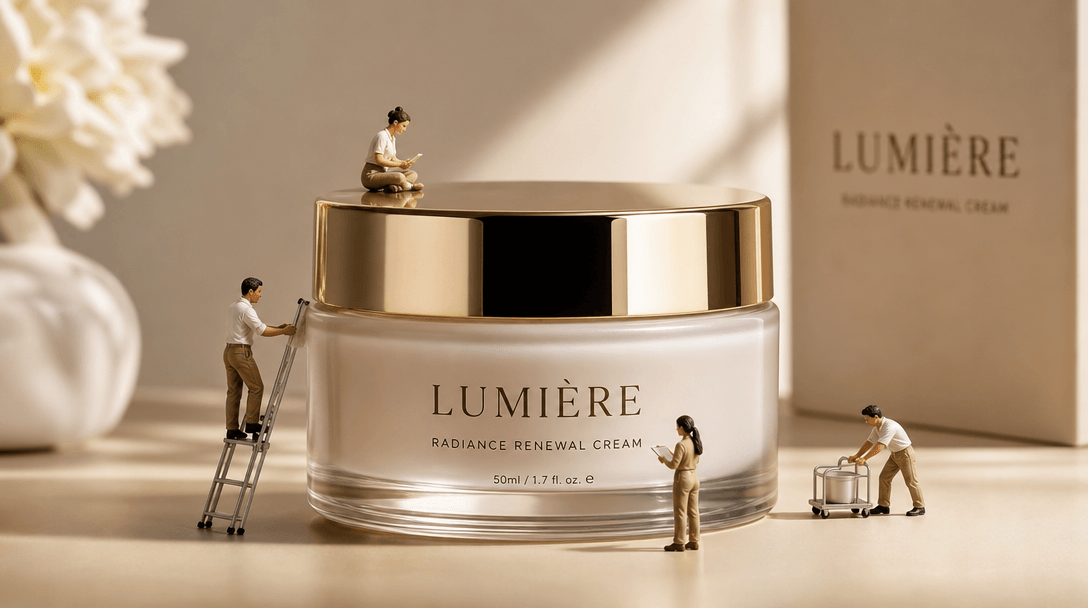 Finished beauty product with tiny team figures displayed on it professionally, product photography style, luxury brand l