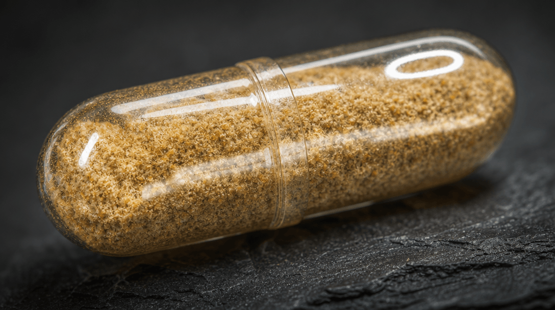 Extreme close-up macro photography of a translucent gelatin supplement capsule resting on dark slate, studio ring light 