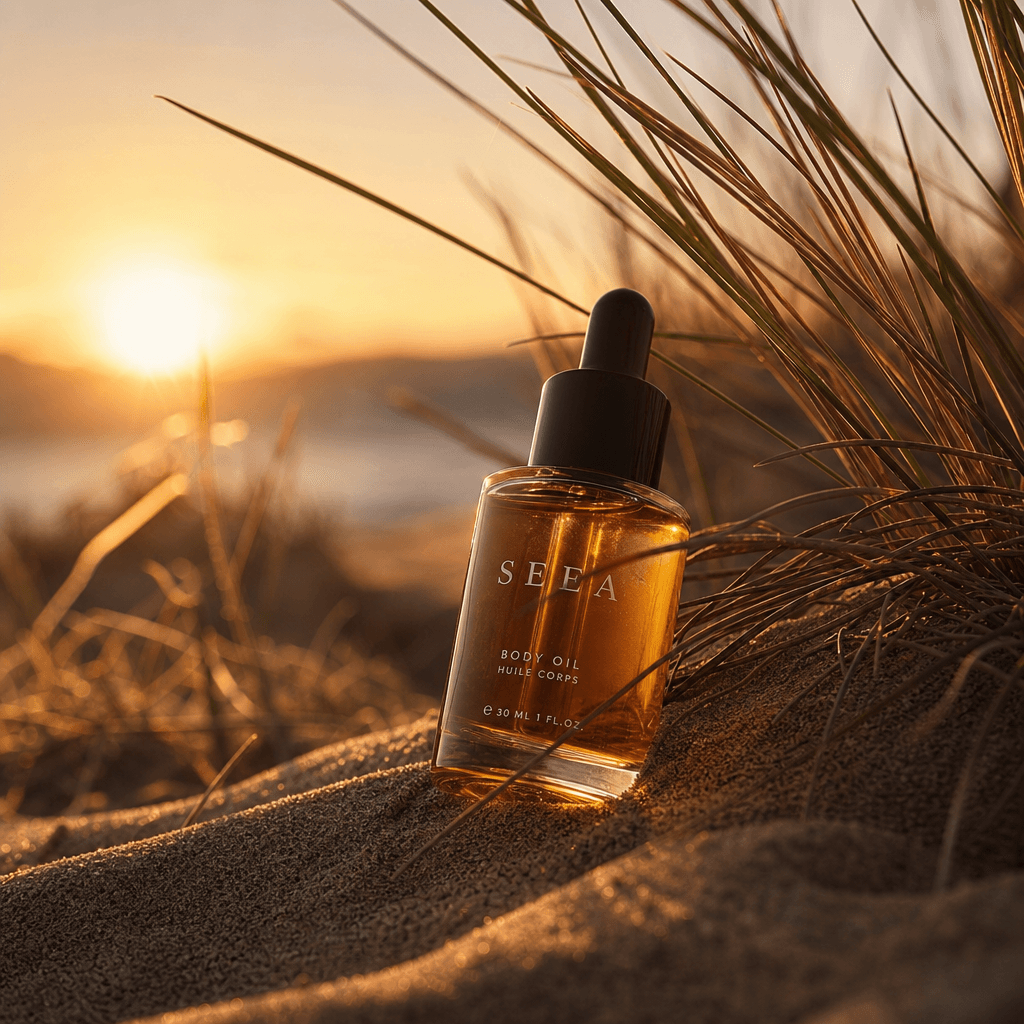 A small body-oil bottle nestled among warm sand ripples and dried coastal grass at golden hour, soft wind, cinematic bac