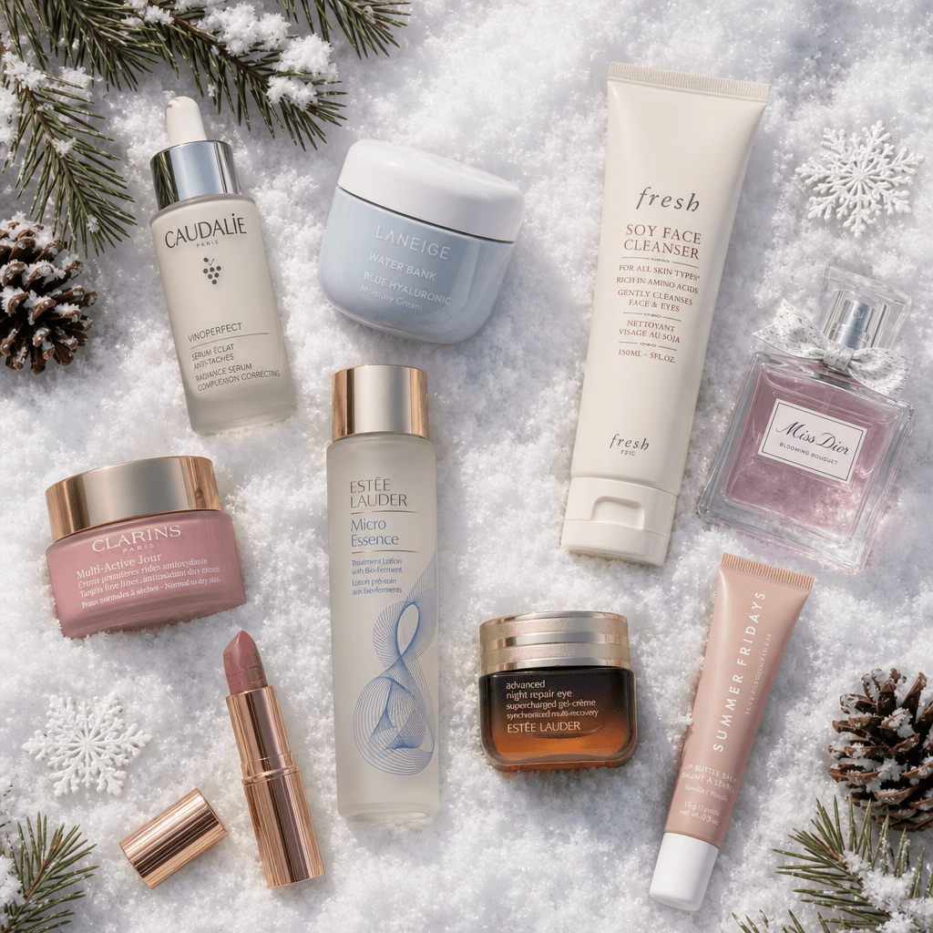 A winter-themed flatlay with multiple beauty products arranged on snow, showcasing variety and elegance.