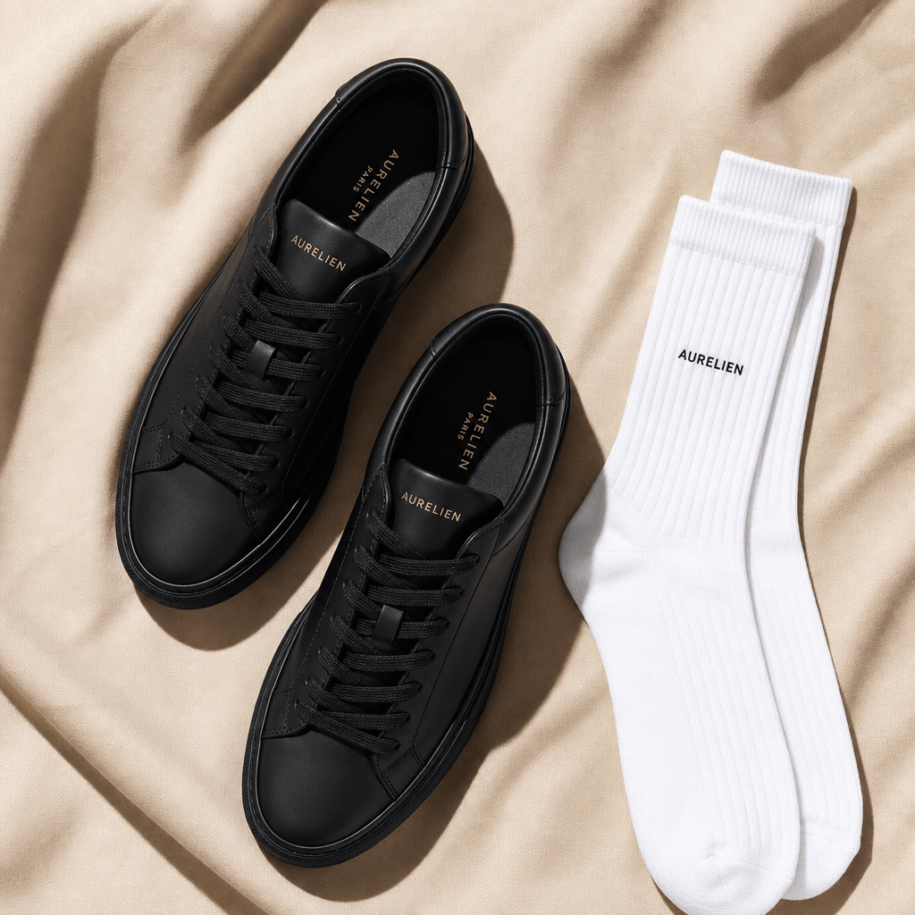 Overhead view of elegant black sneakers and white socks on neutral beige fabric. Studio lighting, crisp shadows, luxury 