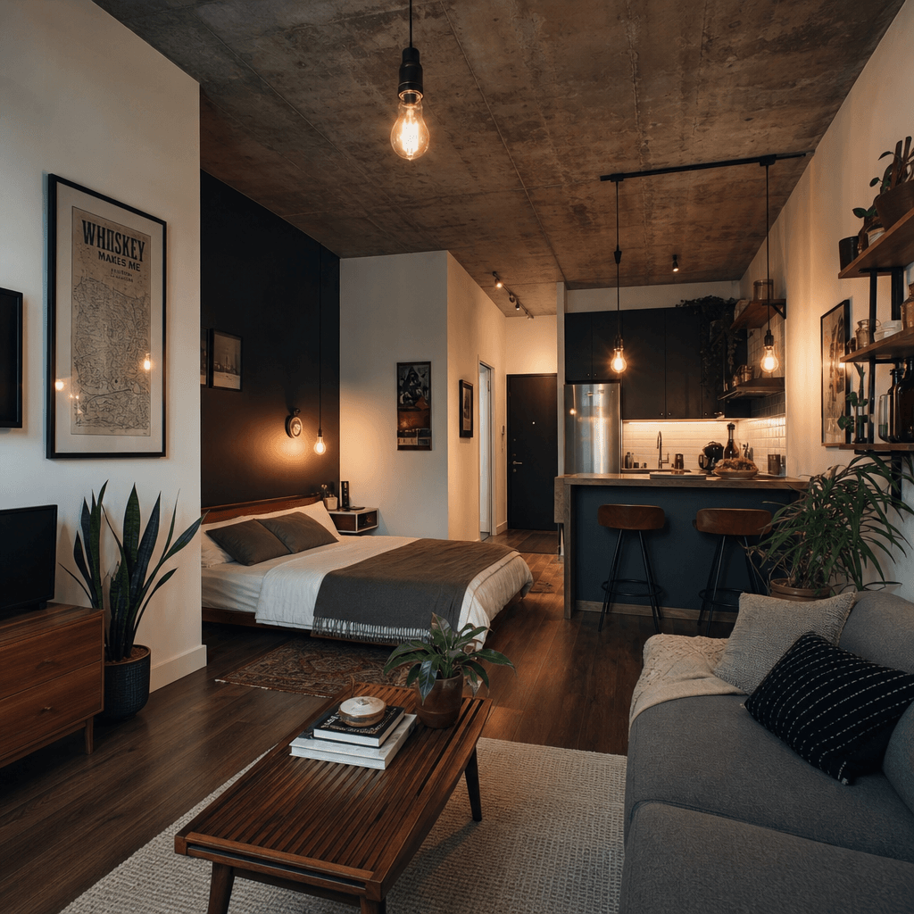 A compact urban studio apartment interior, exposed concrete ceiling, warm Edison bulb pendants, dark hardwood floors, mi