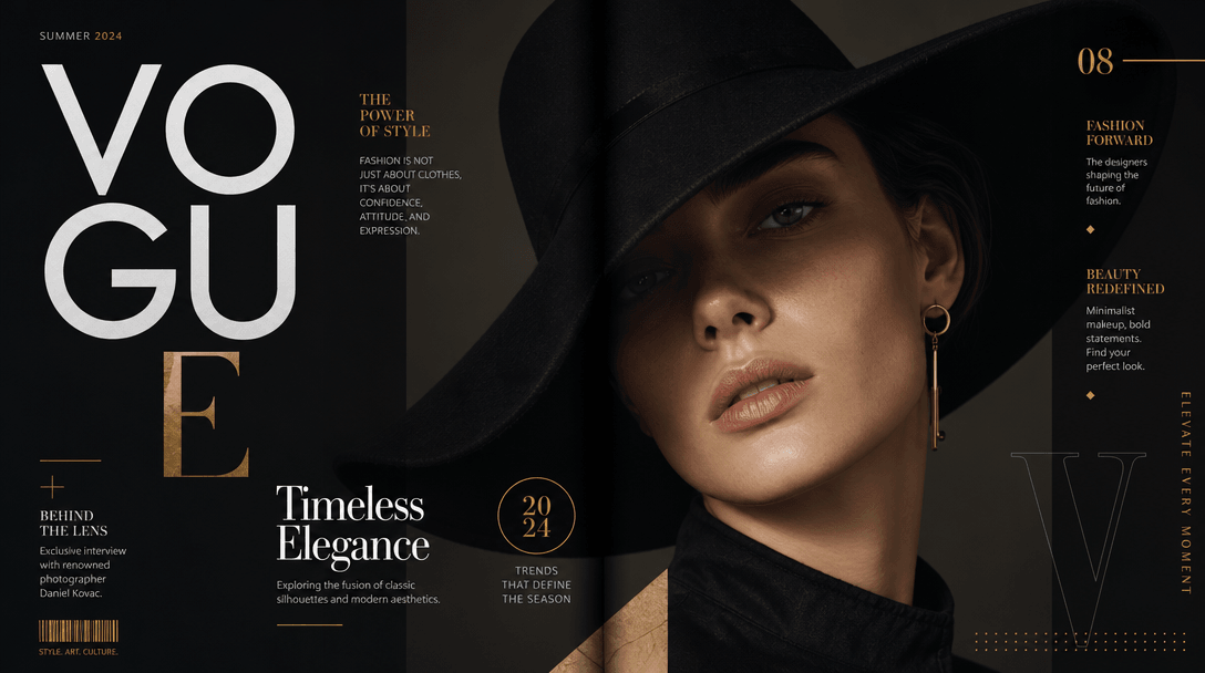 High-end magazine layout with geometric typography, metallic accents, professional color palette, cinematic lighting, ed