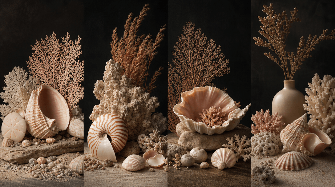 Four coordinated coastal still-life arrangements viewed as one continuous editorial scene, using repeating shells, sand,