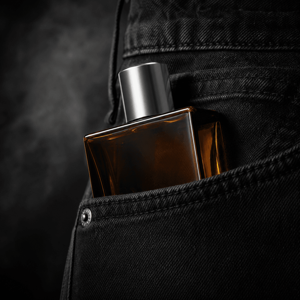 A compact amber fragrance bottle tucked into black jeans, silver cap catching a precise rim light, realistic denim weave