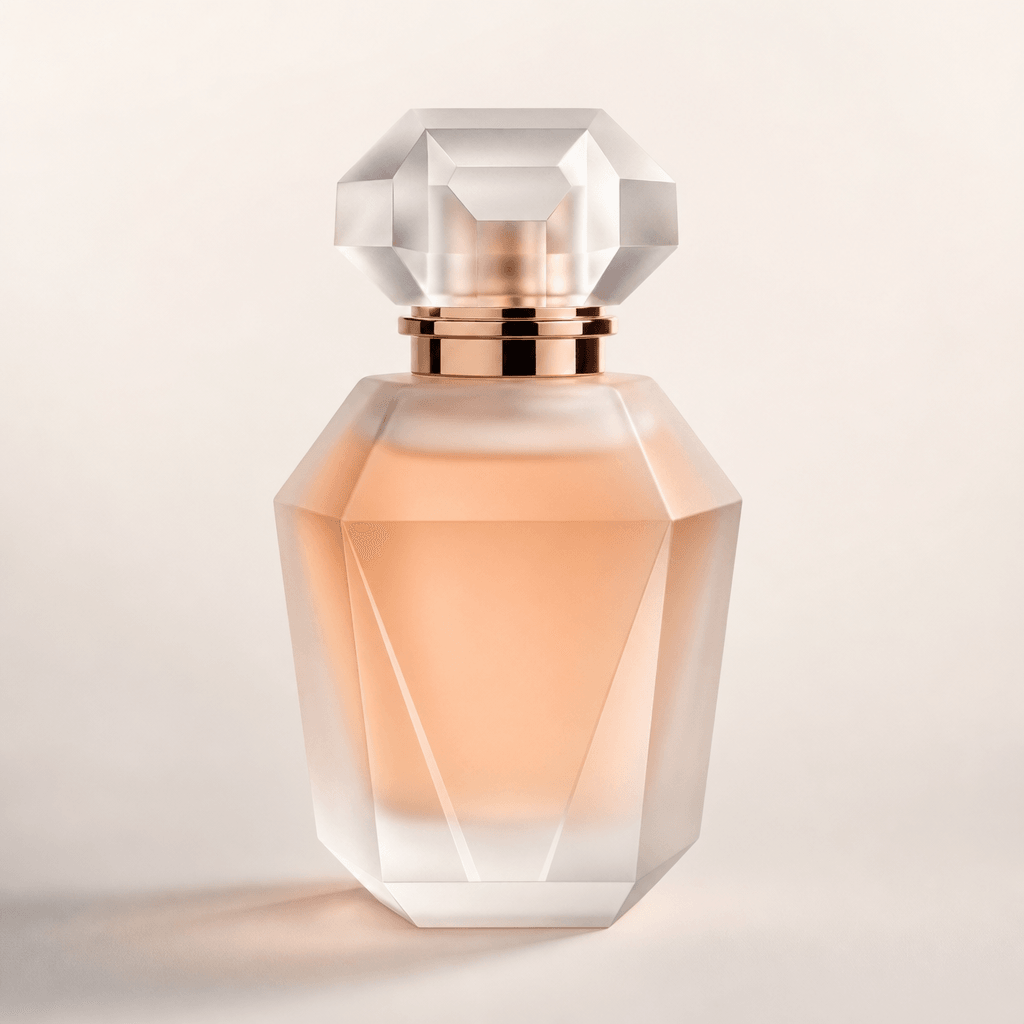 A frosted glass perfume bottle against a clean neutral off-white background. Three-point studio lighting reveals glass f