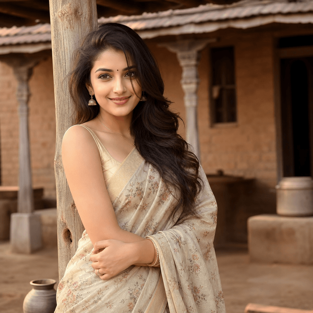 Portrait in traditional village architecture background, soft golden light, professional styling, magazine-ready quality