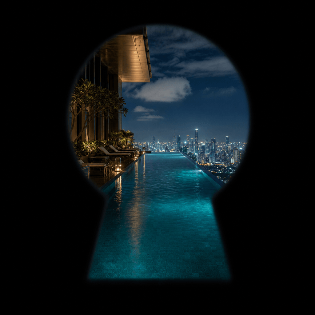 Hotel rooftop infinity pool at night seen through a dark circular keyhole vignette — pool edge dissolving into a city sk