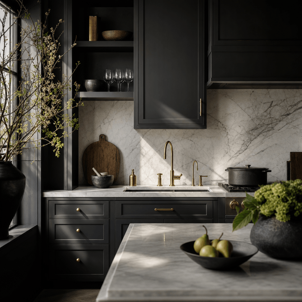 Modern kitchen with dark slate cabinetry, brushed brass tap fixtures, white marble backsplash, soft morning light raking