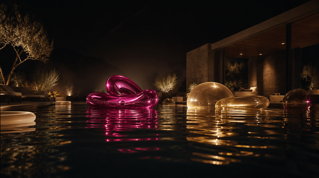 Low waterline view across a dark luxury pool as vivid inflatable forms float beneath focused cinematic lights. Reflectio