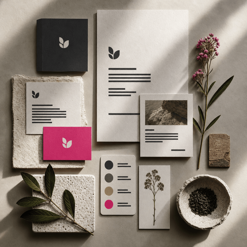 A modern sustainable brand profile arranged with recycled off-white paper, dark charcoal typography-like lines without r