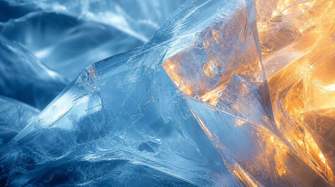 Abstract ice and light study: crystalline formations with color temperature gradients. Cool blues transitioning to warm 