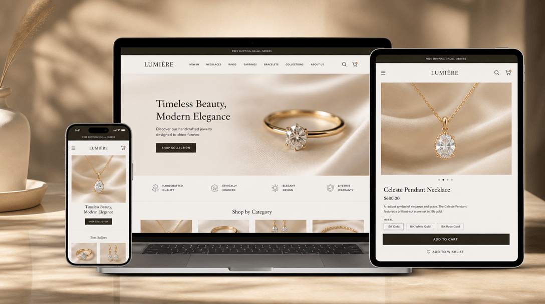 Jewelry displayed on modern device screen, ready-to-publish ecommerce aesthetic, professional digital presentation, mobi