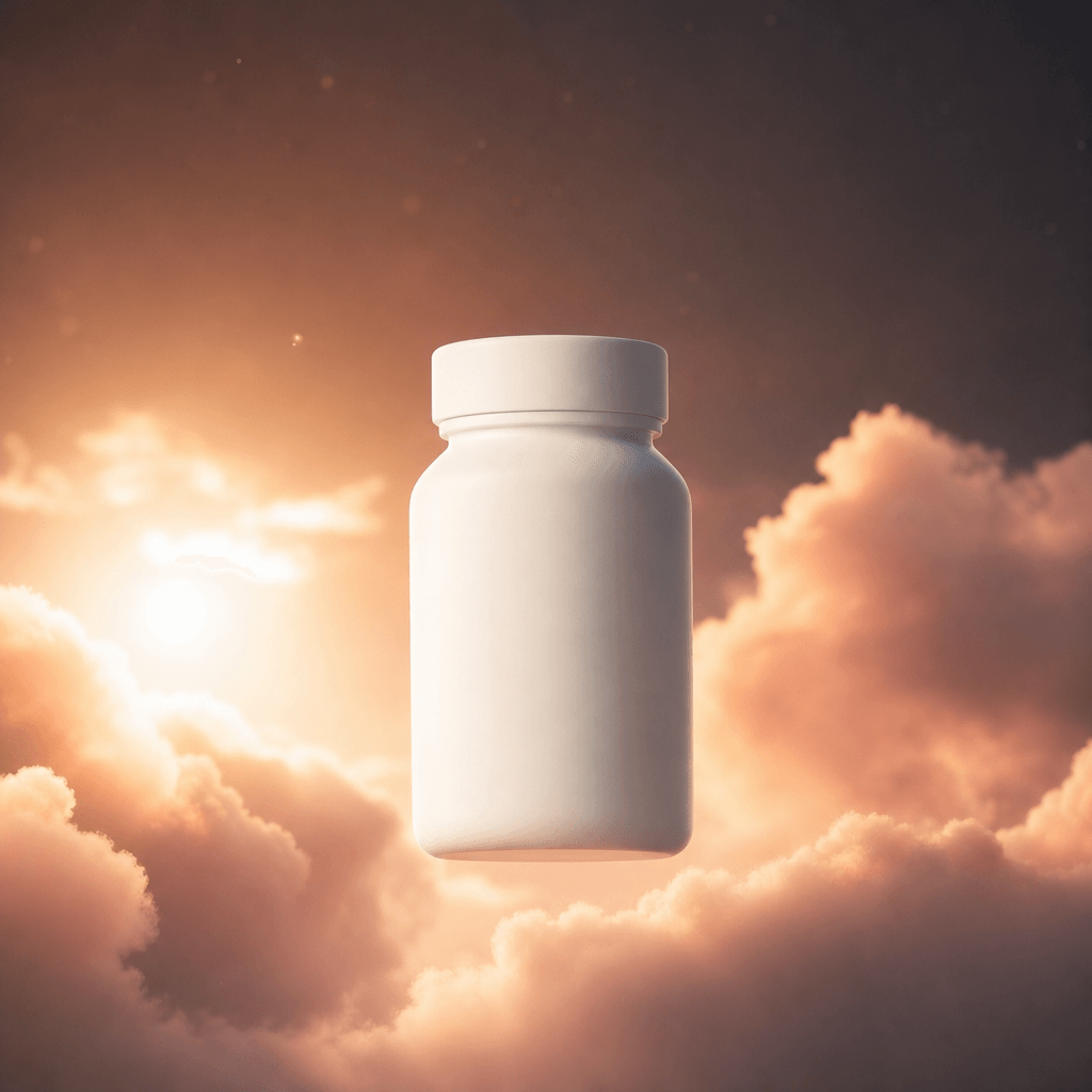 A minimalist white vitamin jar hovering between soft peach clouds, warm sunrise glow breaking through a dark atmospheric