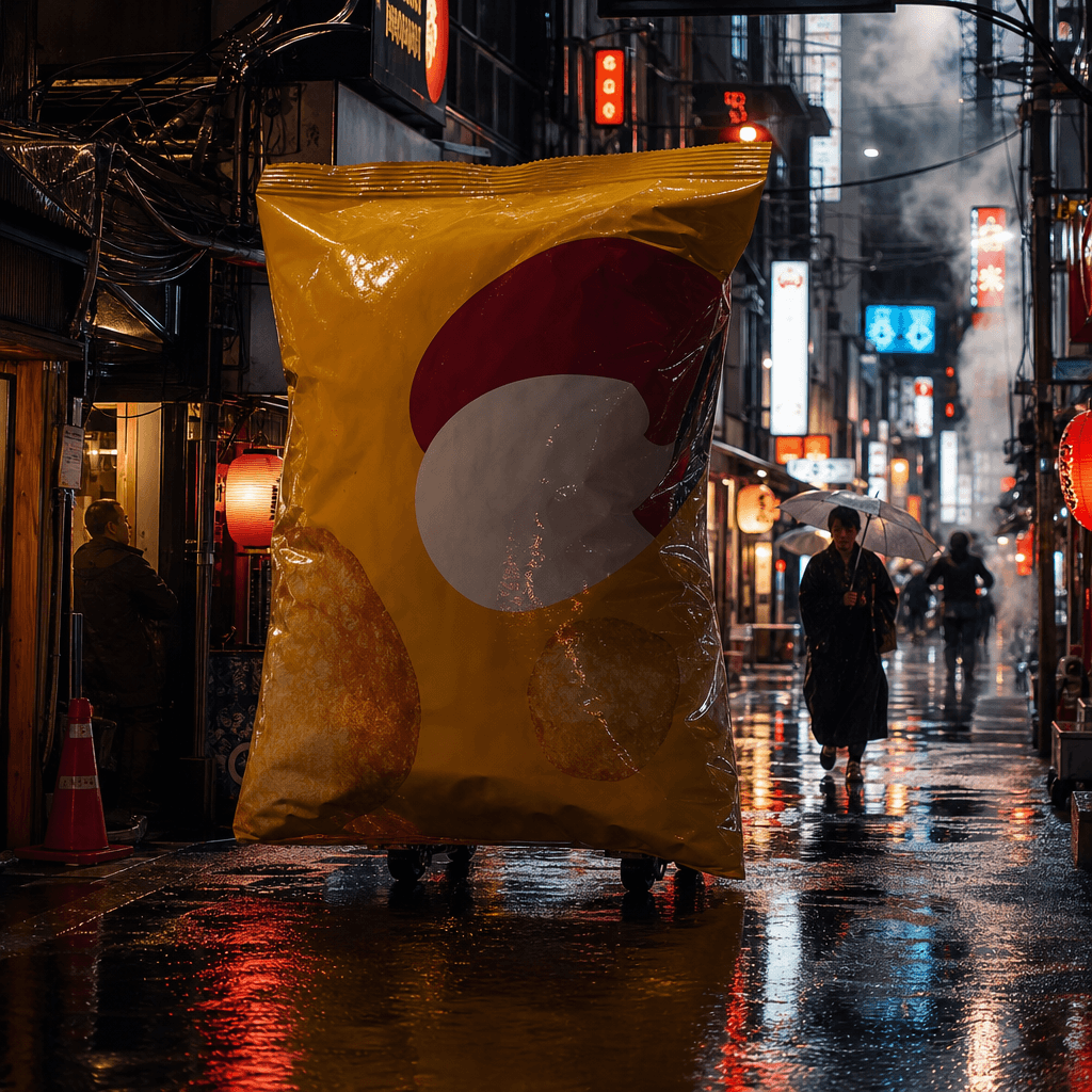 Massive snack bag with bold graphic packaging rolling through a rain-soaked Tokyo-style alley at night. Neon sign reflec
