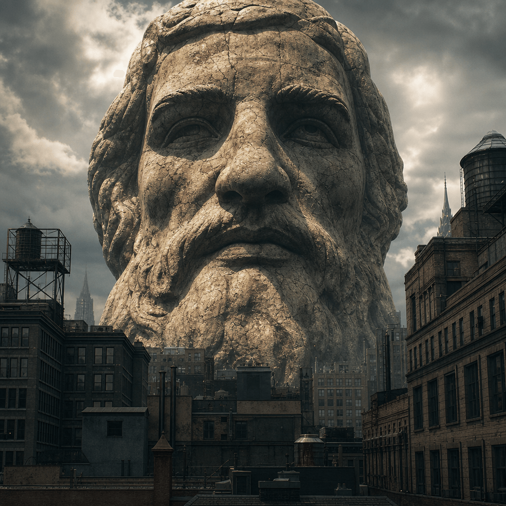 Giant stone statue face rising above city buildings, photorealistic texture, dramatic overhead lighting and shadows