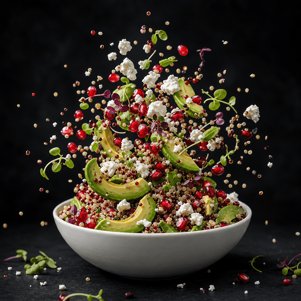 Editorial product-style shot of a colorful grain salad bowl at center — avocado slices, pomegranate seeds, crumbled feta