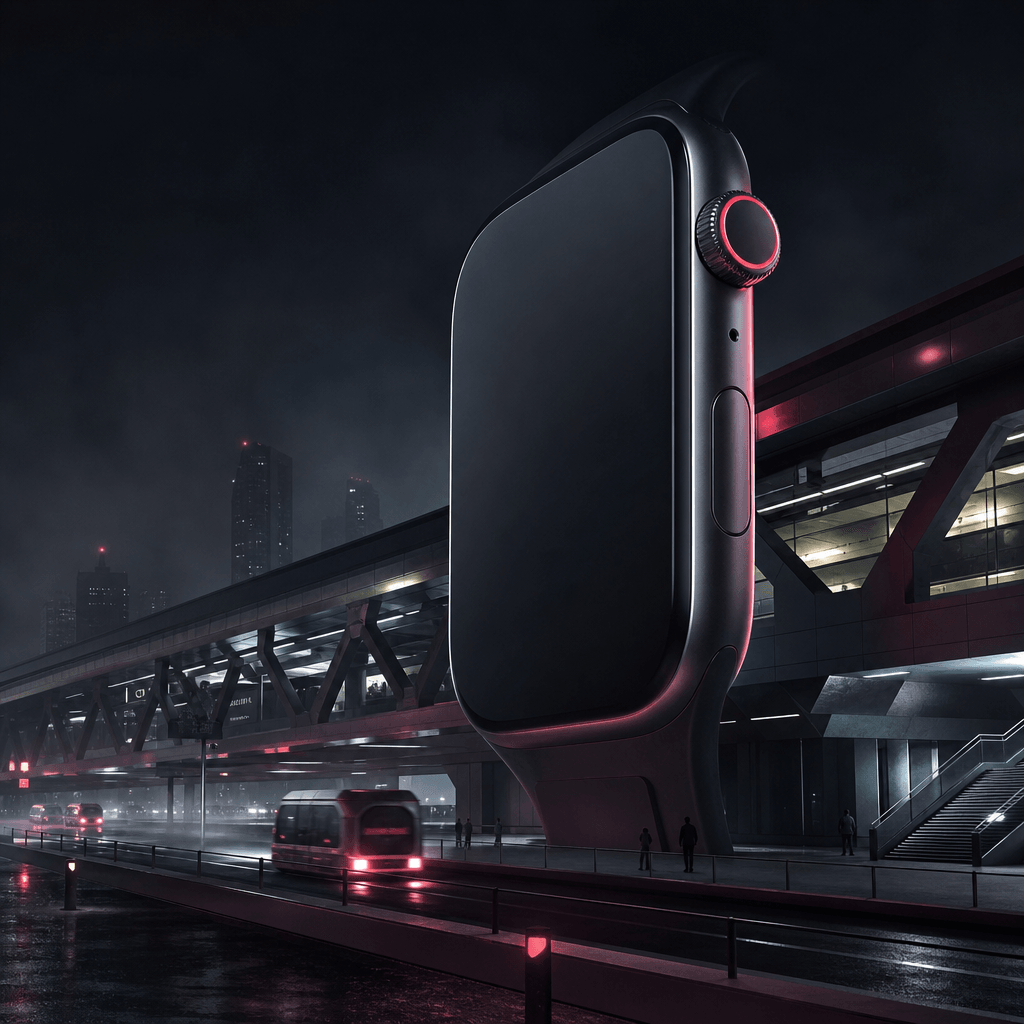 An enormous smartwatch resting vertically beside a futuristic transit station, the physical casing and crown rendered wi