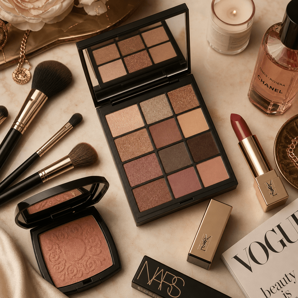 Overhead flat-lay of cosmetic beauty products—palettes, brushes, and lipstick arranged artfully. Soft warm lighting, lux