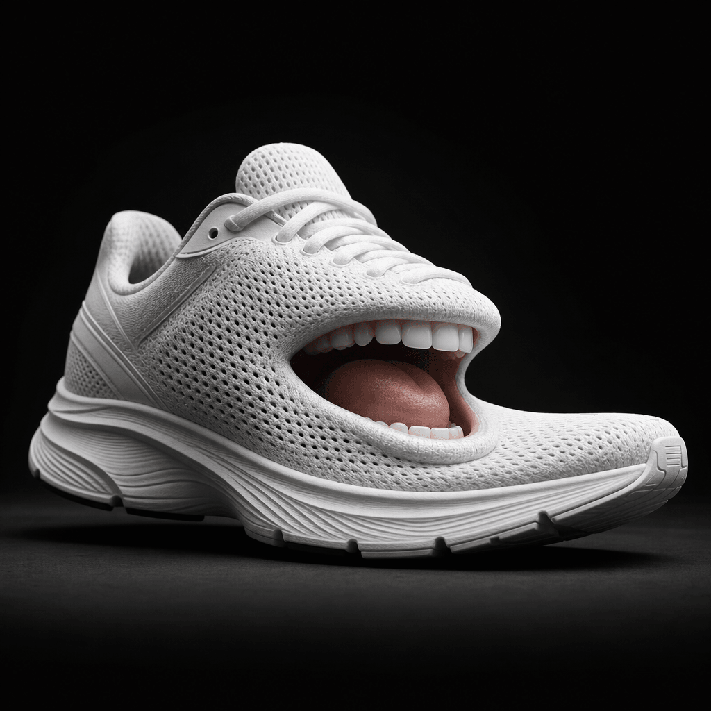 A white running sneaker with an expressive animated talking mouth caught mid-speech, isolated on a deep dark near-black 