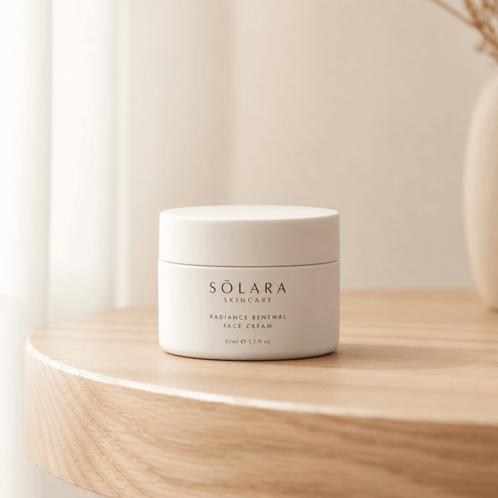 A minimalist white ceramic face cream jar centered on a smooth light-oak bench surface, soft diffused window light from 