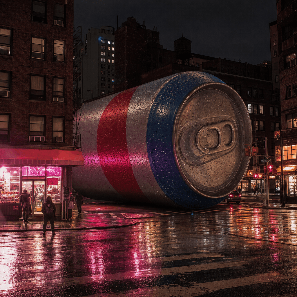Giant soda can towering above six-story buildings, neon-lit night city, rain-slicked streets reflecting pink and amber s