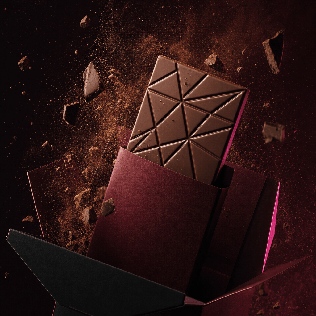 A premium chocolate bar in minimal unbranded packaging appearing from a deep burgundy and black gift box, surrounded by 