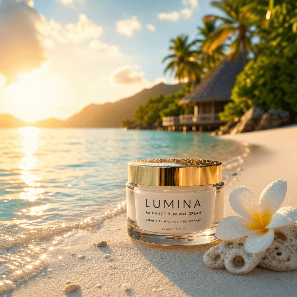 Skincare jar displayed on white sand at the edge of crystalline turquoise lagoon. Tropical paradise background, golden h