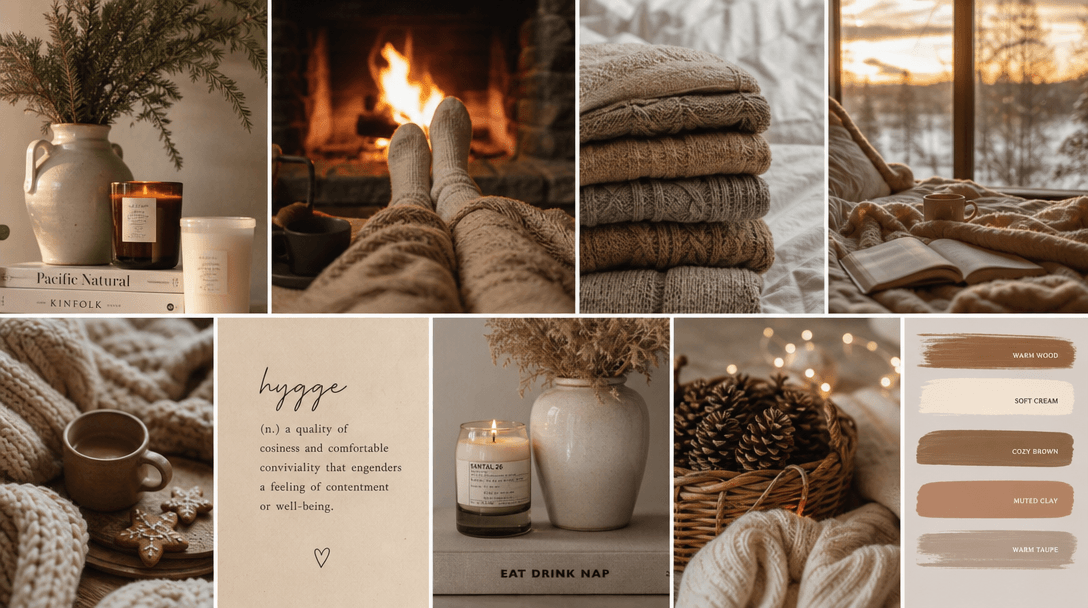 Warm winter aesthetic visualization, fireplace glow and golden hour lighting, cozy textures and soft fabrics, hygge mood