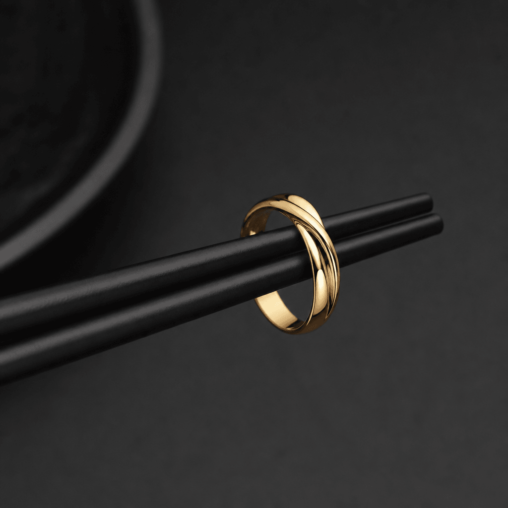 Gold ring resting elegantly on minimalist chopsticks, dark background, soft professional lighting, luxury jewelry minima