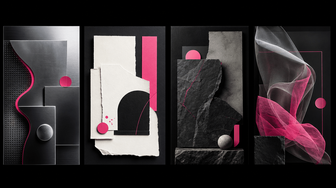 Four distinct one-page compositions represented by layered paper panels with different material moods: brushed metal, so