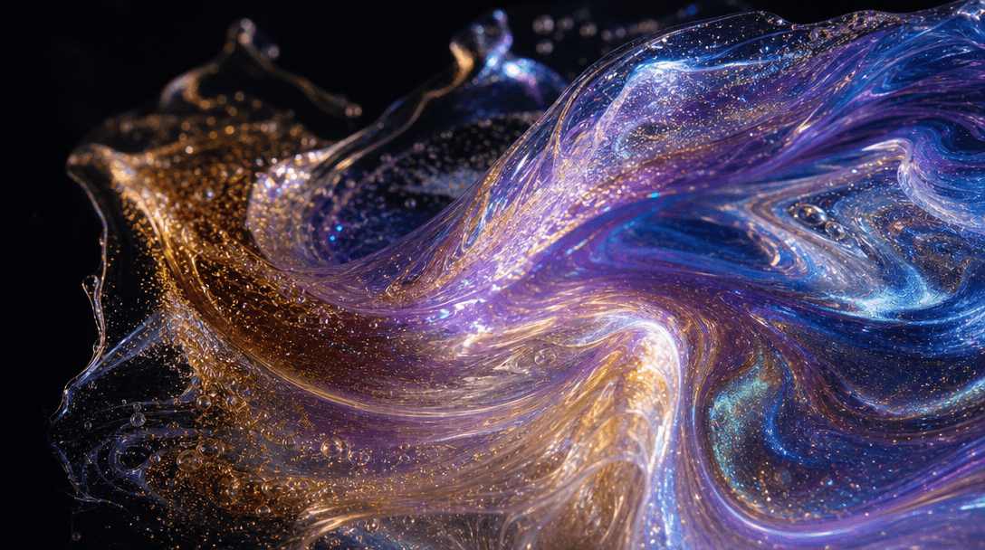 Abstract macro study of iridescent pigment swirling — metallic and pearl tones blending, light diffracting through a tra