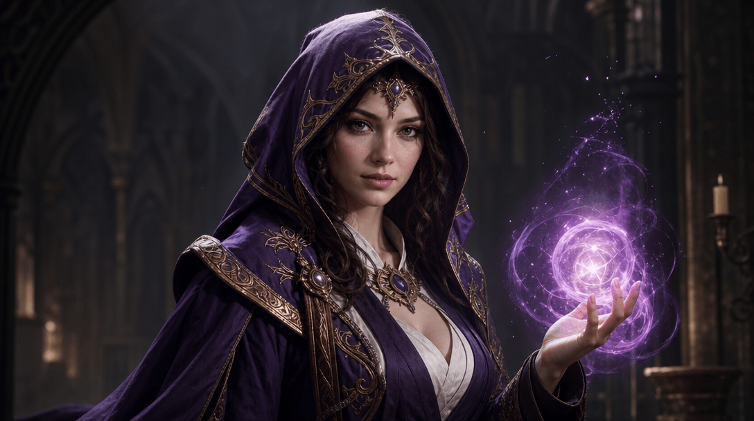 Fantasy character in robes with magical elements, professional portrait lighting adapted to magical world, cinematic com