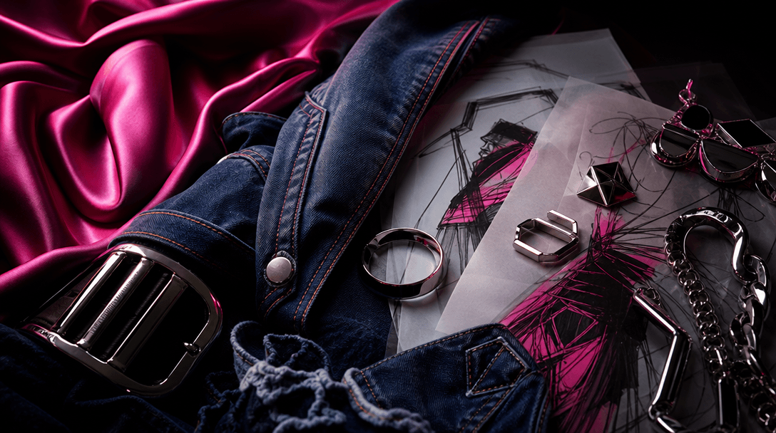 A cinematic macro arrangement of fashion materials: folded silk, stitched denim, polished metal accessories, translucent