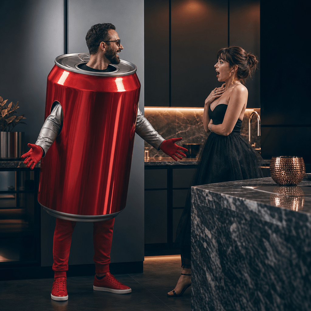 An abstract adult man wearing an imaginative costume shaped like a glossy red soda can, standing in a stylish dark kitch