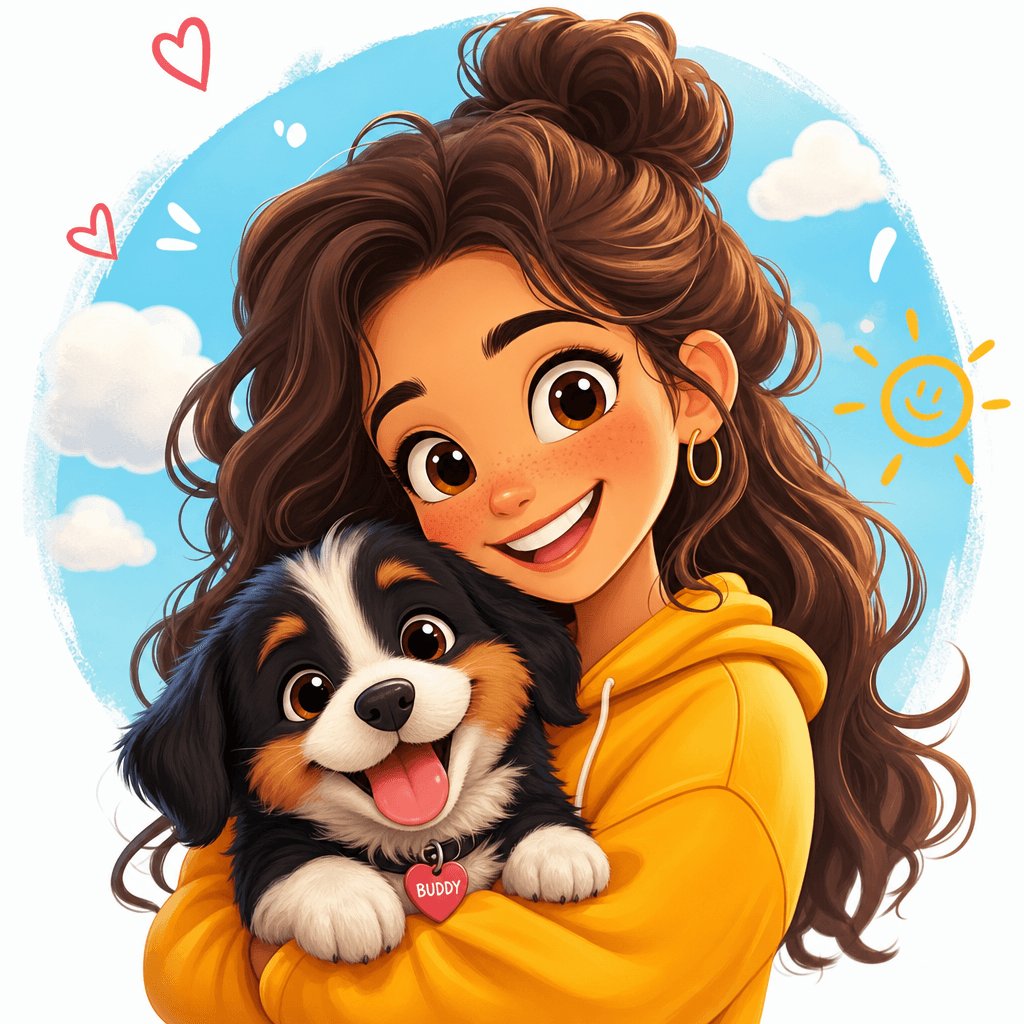 Cartoon portrait with playful style. Soft rounded forms, expressive eyes, bright happy colors. Friendly character design
