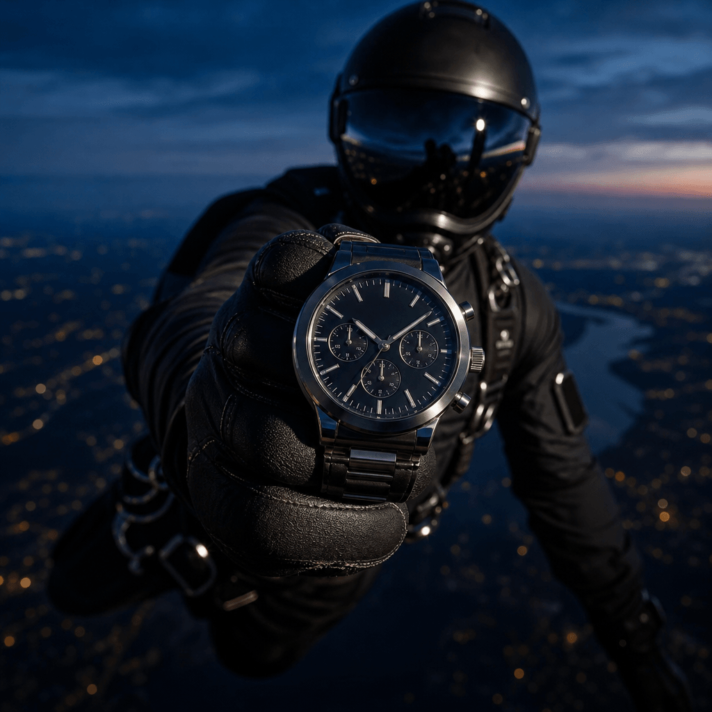 A premium wristwatch presented close to the lens by a skydiver above a midnight-blue landscape, anonymous figure softly 
