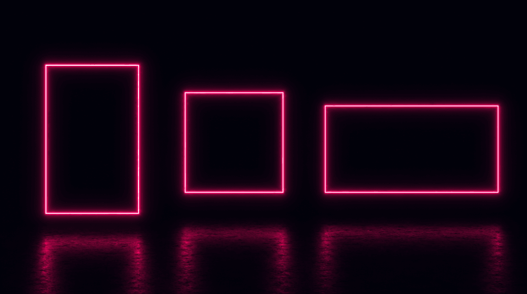 Three glowing rectangular light frames of distinct proportions — tall portrait, perfect square, wide landscape — hoverin
