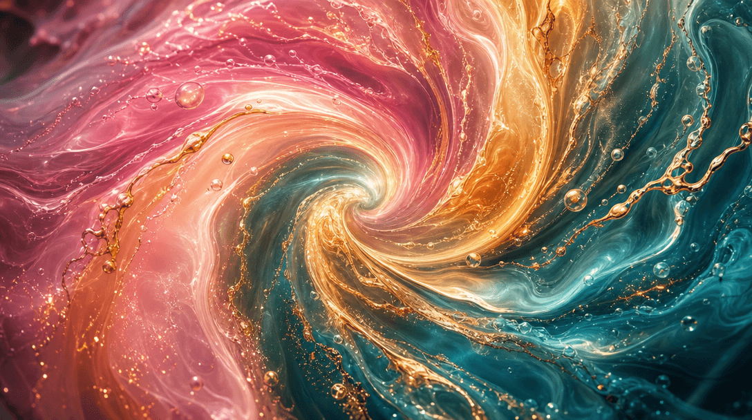 Abstract visualization of liquid ingredients swirling together in a circular pattern. Soft glowing lights, vibrant but s