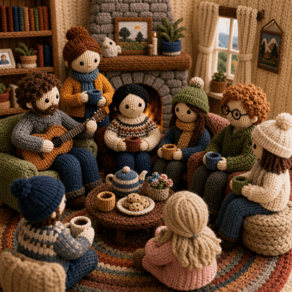 Multiple knitted people figures in a crafted diorama scene together, knit textures prominent, warm cozy setting, yarn ae
