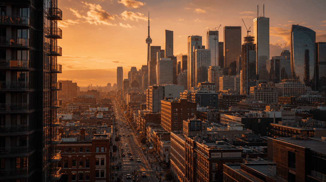 Cinematic lighting across urban landscape at golden hour, warm directional light creating long shadows, atmospheric city